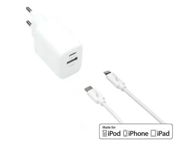 Zestaw ładujący USB C+A 20W, PD, biały, 1m Lightning/C 20W, 3,6V~5,9V/3A; 6~9V/2A; 9V~12V/1,5A